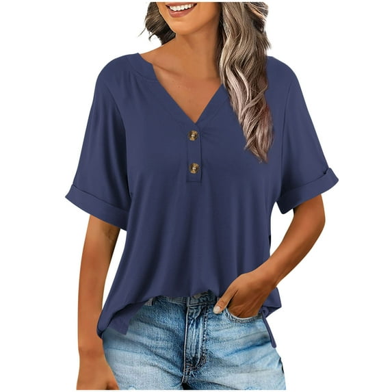 Scyoekwg Womens Button V Neck T Shirts Rolled Short Sleeve Dressy Casual Bloues Loose Summer Tops Tee Shirts (Z_Navy,L)