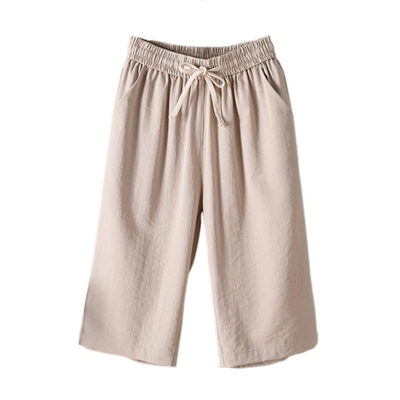 Scyoekwg Womens Capris Elastic Waisted Drawstring Wide Leg Cropped Trousers Pants Pockets Casual Comfy Loose Solid Color Trendy Summer Ladies Capris Pants (Beige,XL)