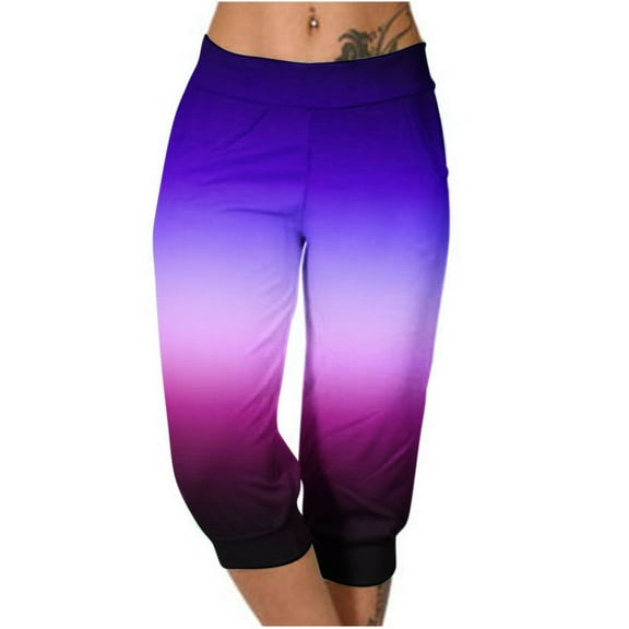 Scyoekwg Womens Capris Lightweight Mid Waist Capris Joggers Workout Athletic Yoga Pants Summer Casual Comfy Loose Gradient Color Trendy Ladies Capris Pants (Purple,M)