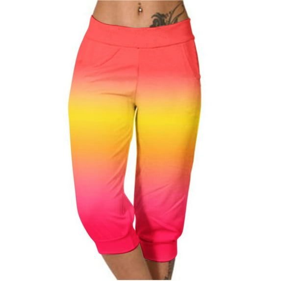 Scyoekwg Womens Capris Lightweight Mid Waist Capris Joggers Workout Athletic Yoga Pants Summer Casual Comfy Loose Gradient Color Trendy Ladies Capris Pants (Red,XXL)