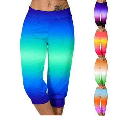 Scyoekwg Womens Capris Clearance Lightweight Mid Waist Capris Joggers Workout Athletic Yoga Pants Summer Casual Comfy Loose Gradient Color Trendy Ladies Capris Pants (Blue,L)