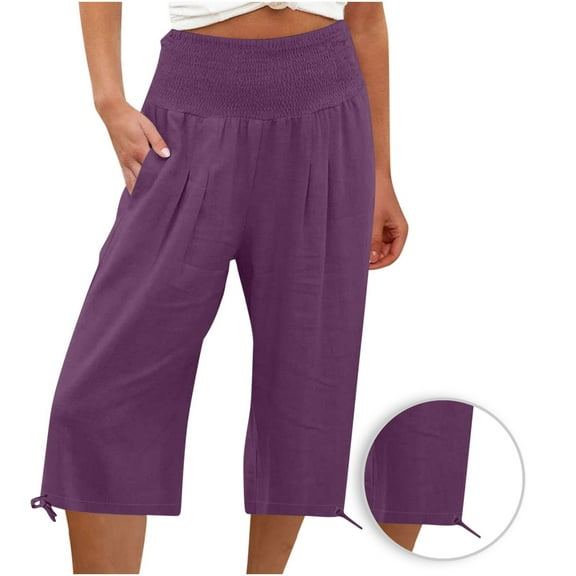 Scyoekwg Womens Capris For Summer Clearance Shorts For Women High Waisted Cotton Linen Shorts Casual Loose Wide Leg Lounge Shorts (Purple,XL)