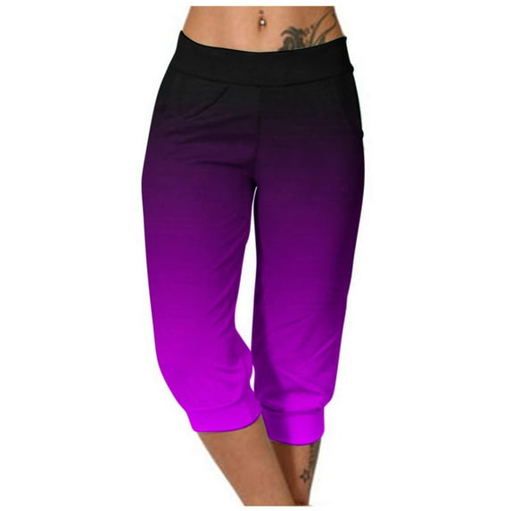 Scyoekwg Womens Capris for Summer Lightweight Mid Waist Capris Joggers Workout Athletic Yoga Pants Ladies Capris Trendy Casual Comfy Loose Gradient Color Summer Pants (Purple,XXL)