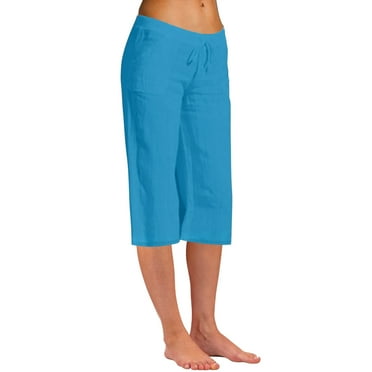 Scyoekwg Womens Capris for Summer Clearance Low Waist Cotton Linen Capris Pants Beach Straight Leg Pants Comfy Solid Color Trendy Ladies Capris Loose Casual Summer Pants (Blue,XXXXL)