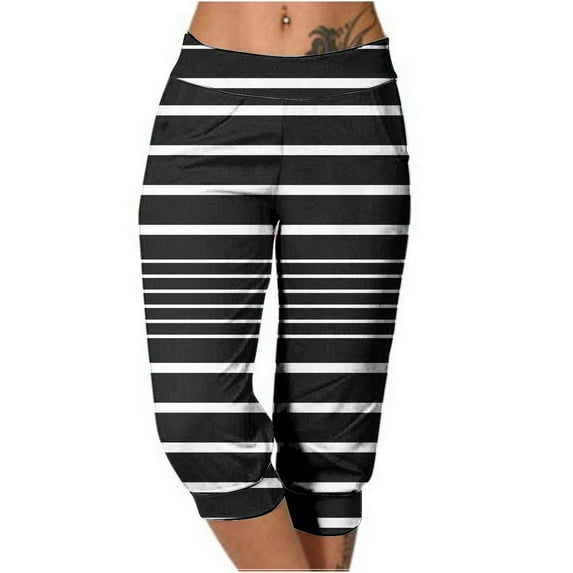 Scyoekwg Womens Capris for Summer Mid Waist Lightweight Capris Joggers Workout Athletic Yoga Pants Casual Striped Print Trendy Ladies Capris Summer Comfy Loose Pants (Black,L)