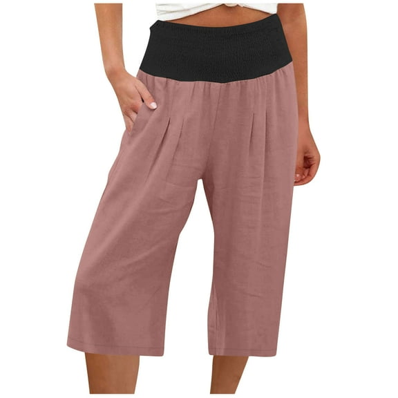 Scyoekwg Womens Capris for Summer High Waist Straight Wide Leg Cropped Trousers Casual Comfy Loose Solid Color Summer Trendy Ladies Capris Pants (Pink,XL)