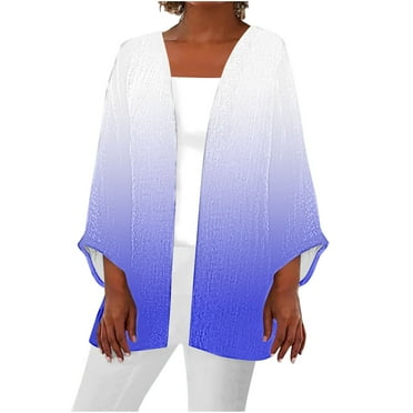 Scyoekwg Womens Cardigan 3/4 Sleeve Trendy Casual Gradient Color Open Front Medium Length Sleeve Cardigan Loose Lightweight Cardigan(Blue,L)