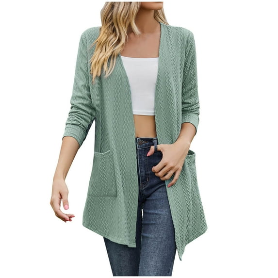 Scyoekwg Womens Cardigan Casual Trendy Solid Color Open Front Cardigan with Pocket Loose Long Sleeve Fall Coats Lightweight Cardigan(Green,L)