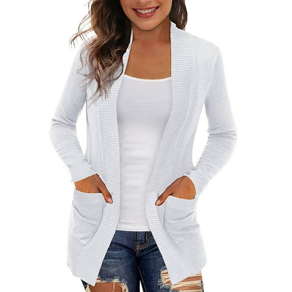 Scyoekwg Womens Cardigan Sweaters Solid Color Coat Long Sleeve Open Front Casual Overcoat Ladies Pocket Tops Coat Sweater Coat White M