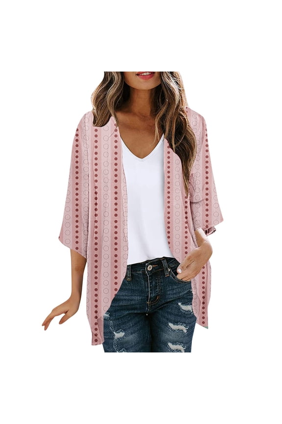Womens Cardigan Trendy Loose 3/4 Sleeve Casual Lightweight Striped Printed Open Front Vintage Cardigan Tops Cardigan(Pink,L)