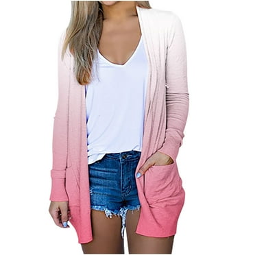 Scyoekwg Womens Cardigans Lightweight Gradient Color Open Front Cardigan with Pocket Casual Loose Fall Coats Long Sleeve Trendy Cardigan(Pink,S)