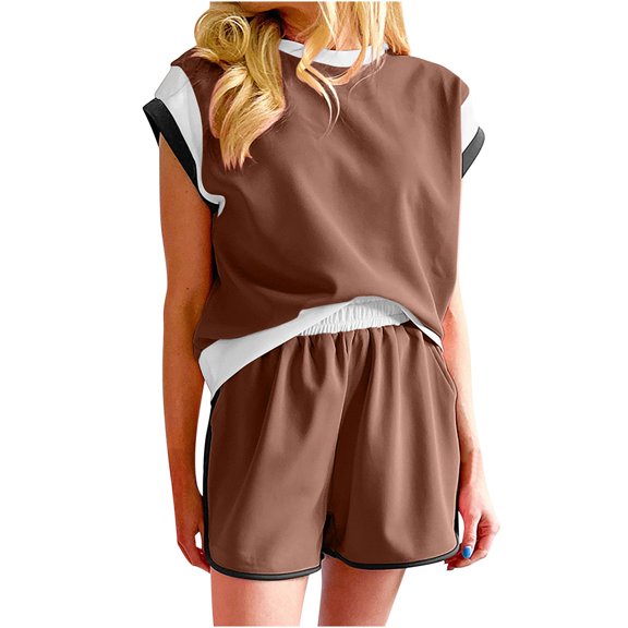 Scyoekwg Womens Casual 2 Piece Outfits Short Sleeve Round Neck Tops Shorts Trendy Tracksuit Casual Sweatsuits Sets Solid Color Loose Matching Family Outfits (Brown,M)