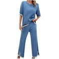 thumbnail image 1 of Scyoekwg Womens Casual 2 Piece Outfits Short Sleeve Round Neck Tops Wide Leg Pants Trendy Casual Loose Sweatsuits Sets Solid Color Tracksuit (Blue,XL), 1 of 8