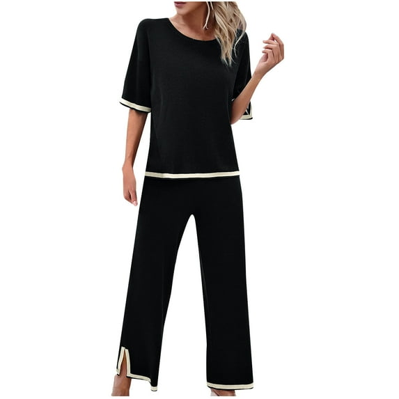 Scyoekwg Womens Casual 2 Piece Outfits Short Sleeve Round Neck Tops Wide Leg Pants Trendy Casual Loose Sweatsuits Sets Solid Color Tracksuit (Black,M)