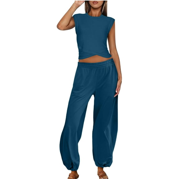 Scyoekwg Womens Casual 2 Piece Outfits Sleeveless Round Neck Tops Wide Leg Pants Casual Trendy Solid Color Loose Sweatsuits Sets Tracksuit (Blue,L)