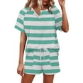thumbnail image 1 of Scyoekwg Womens Casual 2 Piece Outfits Striped Short Sleeve Round Neck Tops Drawstring Shorts Loose Casual Tracksuit Sweatsuits Sets Trendy Matching Sets (Mint Green,M), 1 of 6