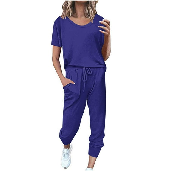 Scyoekwg Womens Casual 2 Piece Outfits Trendy Casual Loose Sweatsuits Sets Solid Color Tracksuit Short Sleeve Round Neck Drawstring Tops Jogger Pants (Dark Blue,S)