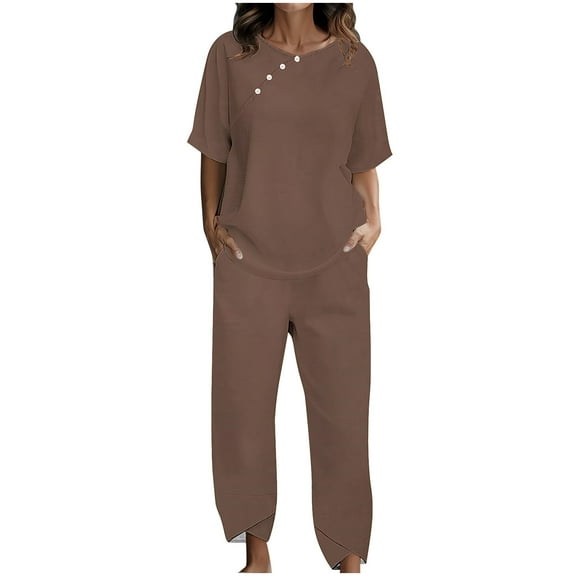 Scyoekwg Womens Casual 2 Piece Outfits Trendy Short Sleeve Button Round Neck Tops Jogger Pants Tracksuit Casual Sweatsuits Sets Loose Solid Color Outfits (Coffee,L)