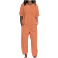 thumbnail image 1 of Scyoekwg Womens Casual 2 Piece Outfits Trendy Short Sleeve Button Round Neck Tops Jogger Pants Tracksuit Casual Sweatsuits Sets Loose Solid Color Outfits (Orange,M), 1 of 4