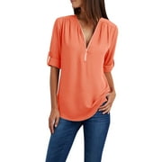 Scyoekwg Womens Casual Chiffon Tops V Neck Zipper Tunic Tops Roll Up Sleeve Button Down Shirts Fashion Solid Color Loose Comfy Blouses Womens Clothing Orange M