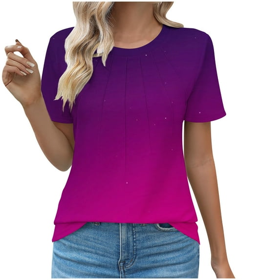 Scyoekwg Womens Casual Short Sleeve Blouses Round Neck Basic Tops Loose Trendy Comfy Gradient Color Lightweight Blouses (Purple,XL)