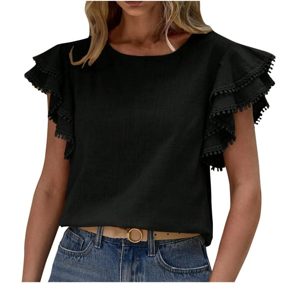 Scyoekwg Womens Casual Short Sleeve Blouses Round Neck Elegant Shirt Loose Lightweight Solid Color Comfy Blouses (Black,XXL)