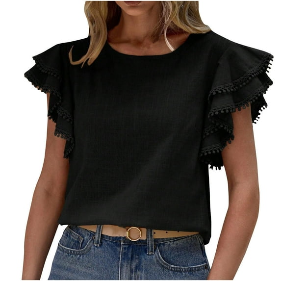 Scyoekwg Womens Casual Short Sleeve Blouses Round Neck Elegant Shirt Loose Lightweight Solid Color Comfy Blouses (Black,XXL)