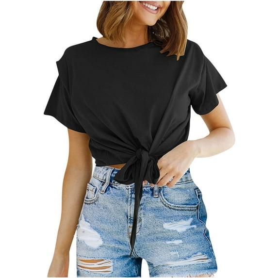 Scyoekwg Womens Casual Short Sleeve Chest Tie Knot Front Tops Crew Neck Summer Comfy Solid Color Crop Top T-Shirt Black L