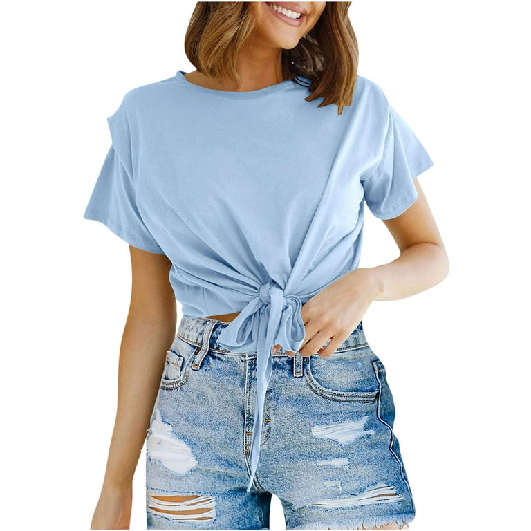 Scyoekwg Womens Casual Short Sleeve Chest Tie Knot Front Tops Crew Neck  Summer Comfy Solid Color Crop Top T-Shirt Clearance Blue S 