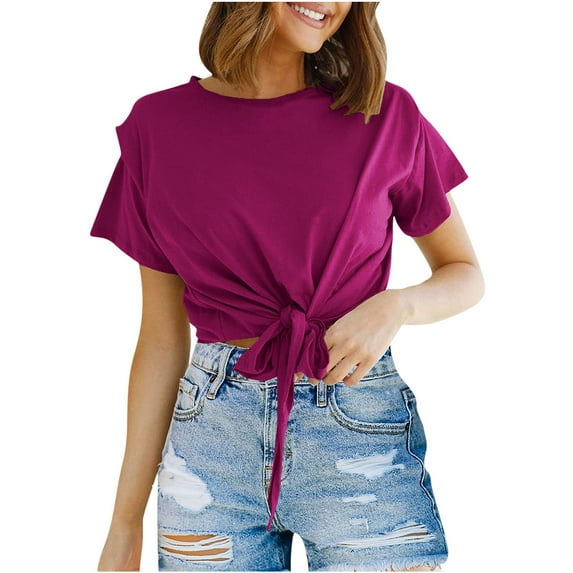 Scyoekwg Womens Casual Short Sleeve Chest Tie Knot Front Tops Crew Neck Summer Comfy Solid Color Crop Top T-Shirt Clearance Hot Pink M
