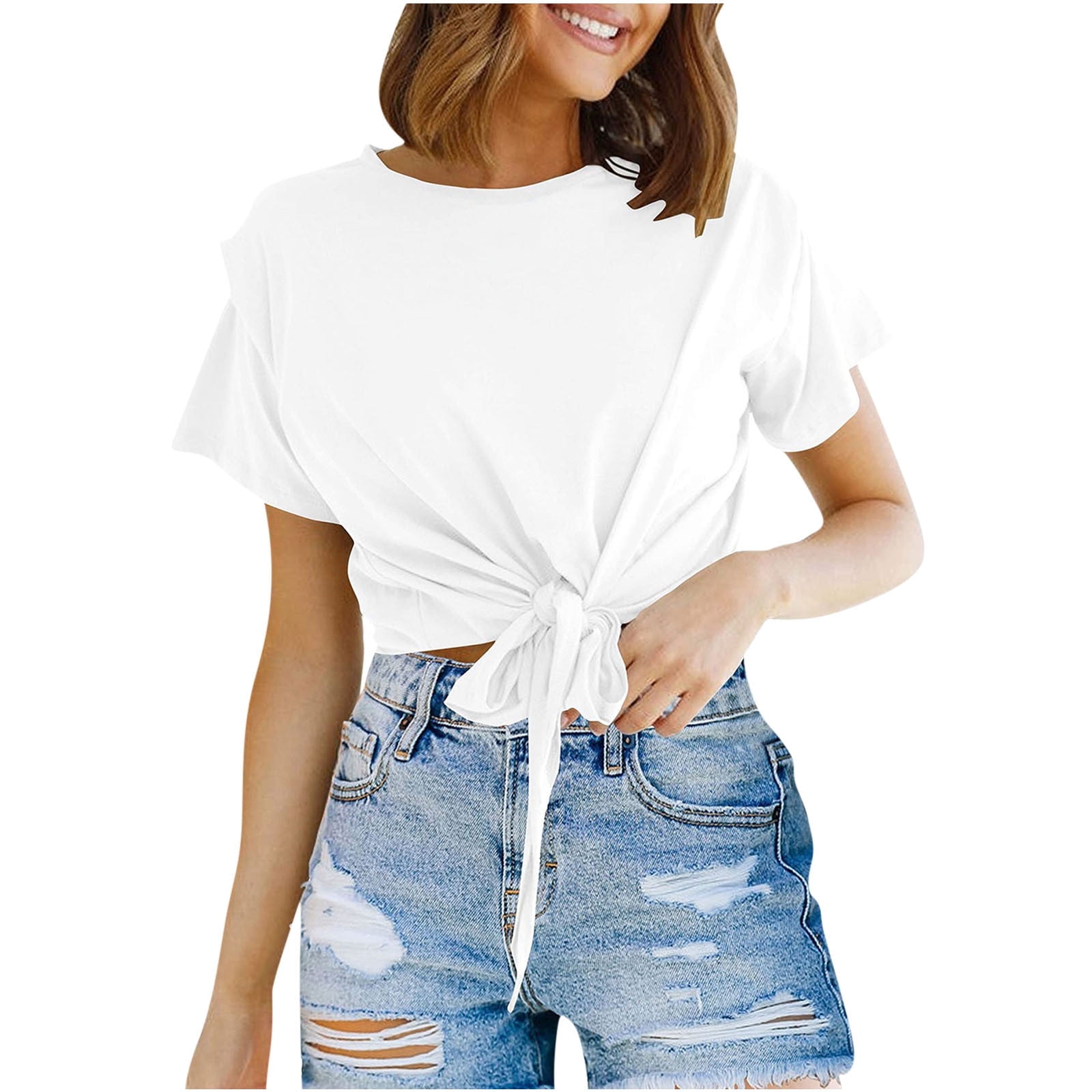 Scyoekwg Womens Casual Short Sleeve Chest Tie Knot Front