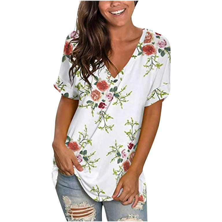 Scyoekwg Womens Casual Short Sleeve T Shirt Lightweight Casual Graphic Tee  Floral Printed Loose Comfy Soft Shirts Tops V-Neck Blouse Trendy Short  Sleeve T Shirts White S 