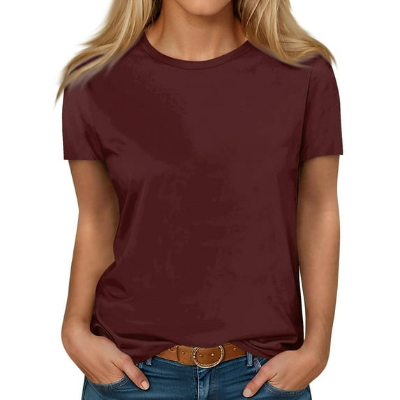 Scyoekwg Womens Casual Short Sleeve T Shirts Round Neck Basic Tops Lightweight Loose Trendy Solid Color Blouses (Wine,XXL)