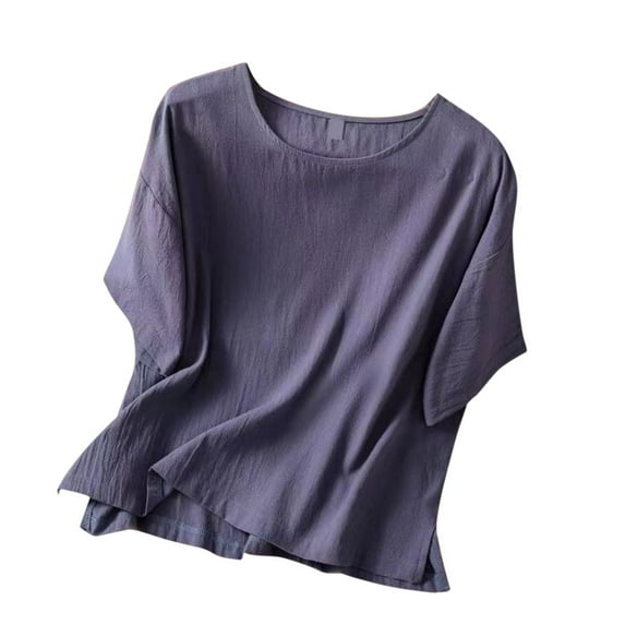 Scyoekwg Womens Casual Short Sleeve T Shirts Round Neck Cotton Linen Tops Loose Solid Color Lightweight Trendy Blouses (Blue,XL)