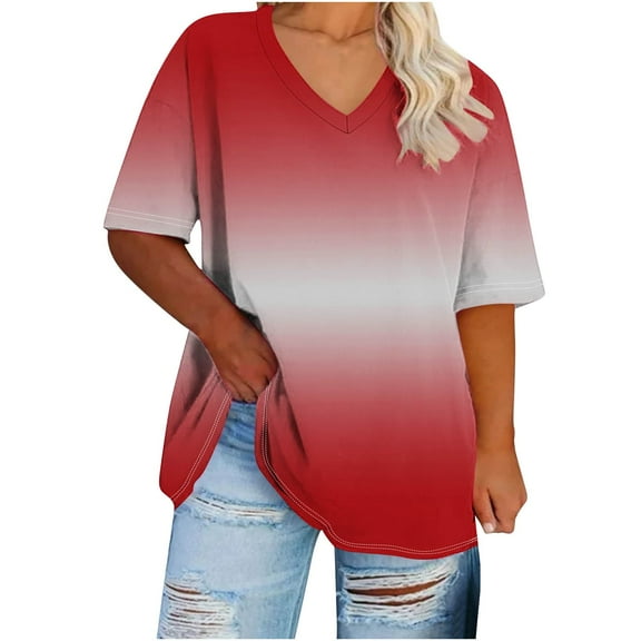 Scyoekwg Womens Casual Short Sleeve T Shirts Round Neck Oversized Tee Loose Lightweight Gradient Color Trendy Blouses (Red,XXXL)