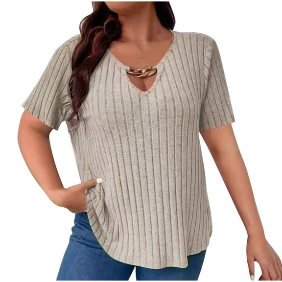 Scyoekwg Womens Casual Short Sleeve T Shirts V Neck Plus Size Tunic Tshirt Loose Trendy Solid Color Lightweight Blouses (Beige,XXXXXL)