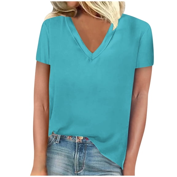 Scyoekwg Womens Casual Short Sleeve T Shirts V Neck Tshirt Loose Solid Color Shirts Trendy Lightweight Blouses (Light Blue,XL)