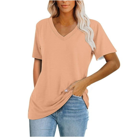 Scyoekwg Womens Casual Short Sleeve T Shirts V Neck Tshirt Solid Color Trendy Lightweight Loose Blouses (Pink,XXL)