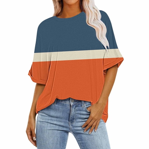 Scyoekwg Womens Casual Short Sleeve Tops Round Neck Oversized Tee Loose Color Block Patchwork Shirts Trendy Lightweight Blouses (Orange,L)