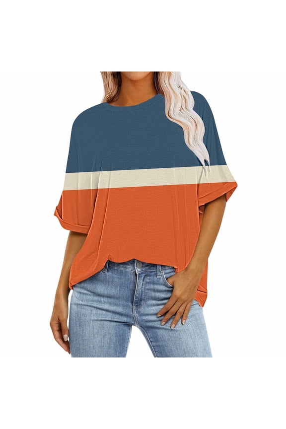 Womens Casual Short Sleeve Tops Round Neck Oversized Tee Loose Color Block Patchwork Shirts Trendy Lightweight Blouses (Orange,L)