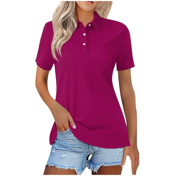 Scyoekwg Womens Casual Short Sleeve Tops Turndown Collar Button T-Shirt Lightweight Loose Solid Color Trendy Blouses (Hot Pink,XXXL)
