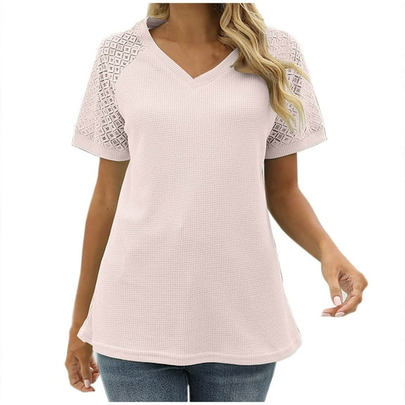 Scyoekwg Womens Casual Short Sleeve Tops V Neck Lace Patchwork Tshirt Solid Color Lightweight Loose Trendy Blouses (Pink,XXL)