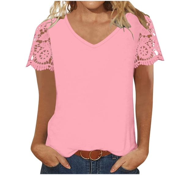 Scyoekwg Womens Casual Short Sleeve Tops V-neck Lace Patchwork Tshirt Lightweight Comfy Loose Trendy Solid Color Blouses (Pink,XL)