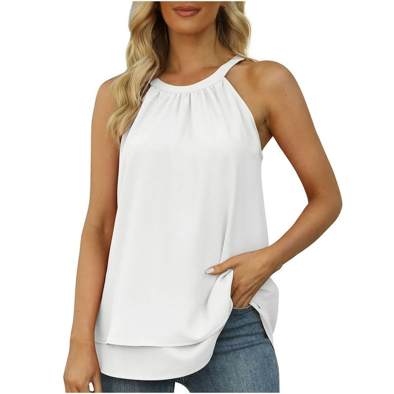 Scyoekwg Womens Casual Tank Tops Sleevelss Clearance Halter Neck Chiffon  Tops Casual Loose Fit Solid Color Tees Shirts Summer Trendy Plus Size Basic  Tops White XL(10) 