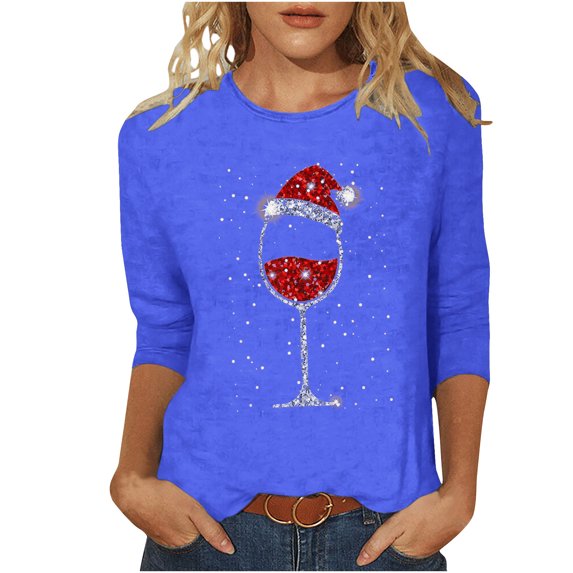 Scyoekwg Womens Christmas 3/4 Sleeve Tops Christmas Wine Glasses Printed Tunic Shirts Dressy Casual Round Neck Three-Quarter Sleeve Tops Blouses (#A01=Blue,L)