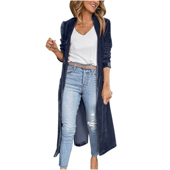 Scyoekwg Womens Coats And Jackets Trendy Loose Solid Color Jacket Casual Coat Long Sleeve Velvet Trench Coat Long Cardigan Jacket (Navy,M)