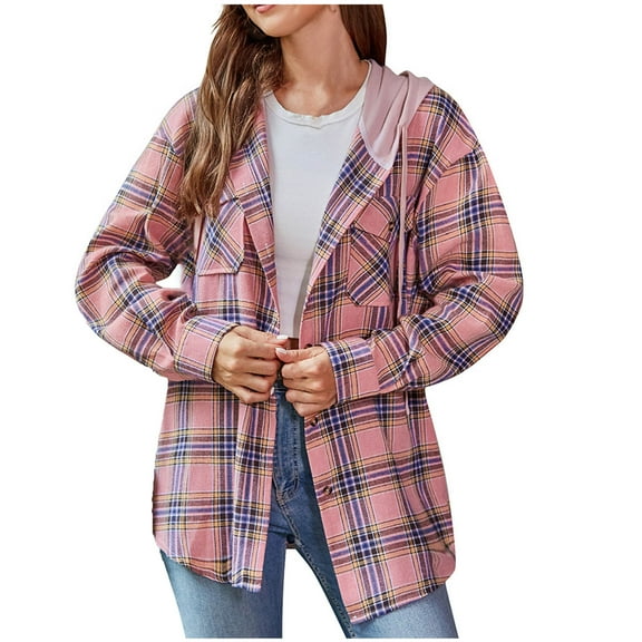Scyoekwg Womens Coats Casual Fashion Loose Lightweight Fall Outfits Long Sleeve Tops Button Up Lapel Shirts Plaid Shirts with Pocket Cardigan Jackets (Pink,M)