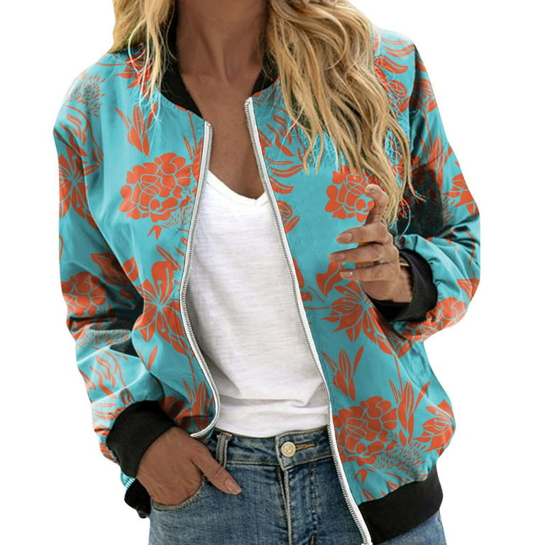Scyoekwg Womens Coats and Jackets Casual Coat Long Sleeve Stand Collar  Overcoat Floral Printed Jackets Floral Print Zipper Cropped Lightweight  Stand Collar Outwear Tops Coat Light Blue L 