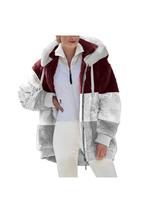 Womens Coats and Jackets Overcoat Long Sleeve Hooded Neck Coat Leopard Print Casual Warm Faux Coat Jacket Winter Zipper Outerwear #A05-Wine S