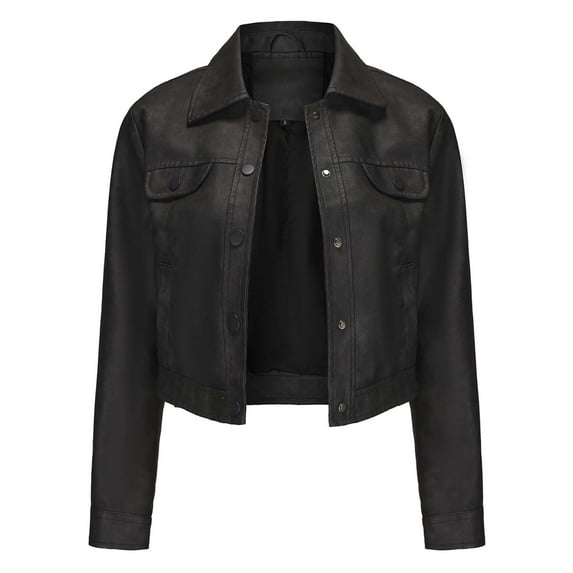 Scyoekwg Womens Coats Leather Jacket Moto Biker Coat Long Sleeve Trendy Casual Solid Color Button Lapel Short Leather Coats Fall Coats Vintage Coats(Black,M)